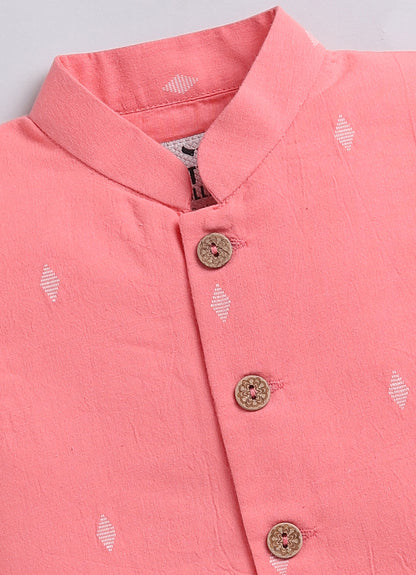 Boys Woven Nehru Jacket, Striped Kurta, Pajama Ethnic Set- PEACH