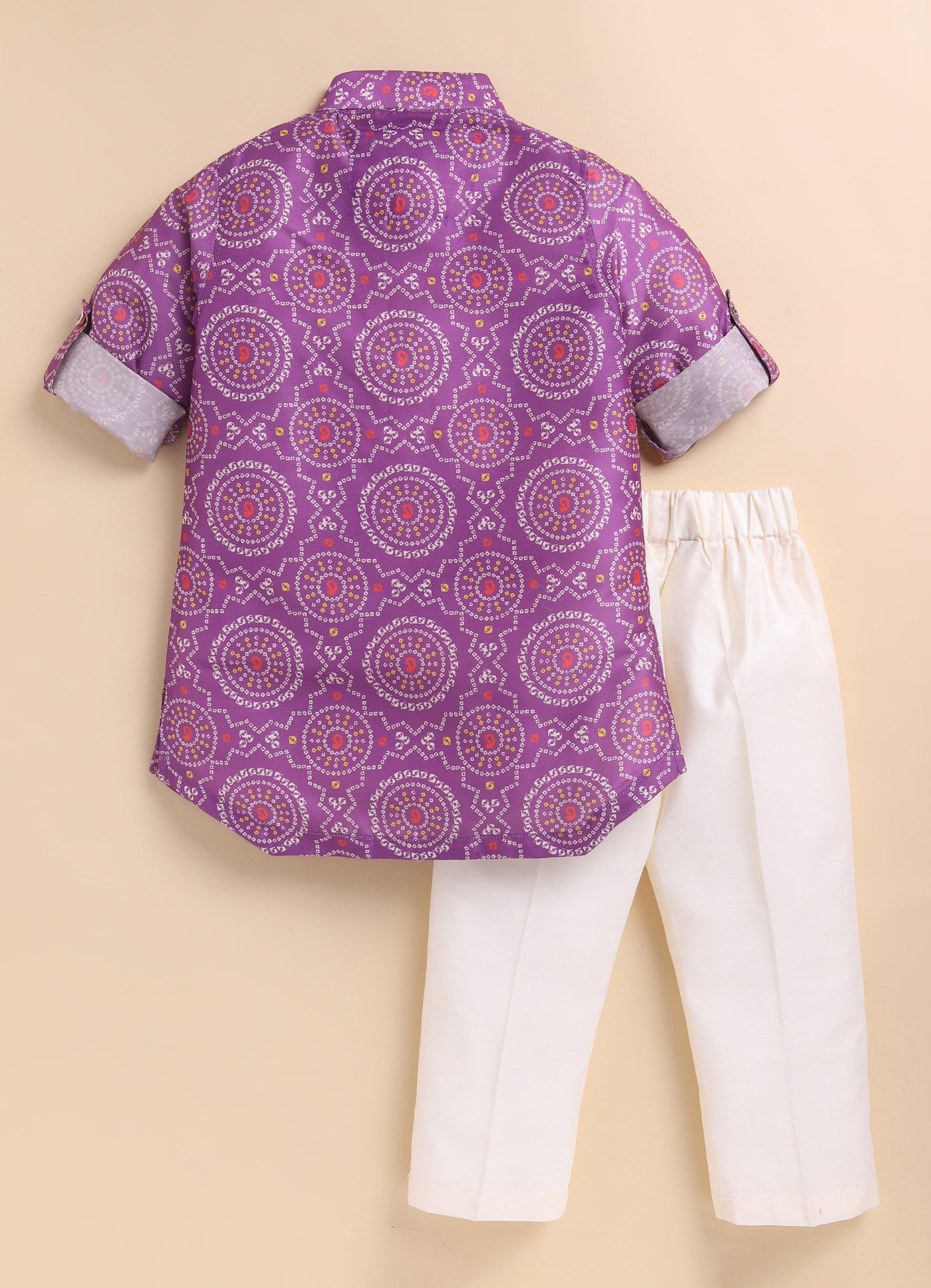 Blended Woven Bandhani Printed  Full Sleeves Kurta Pajama Ethnic Set- Purple