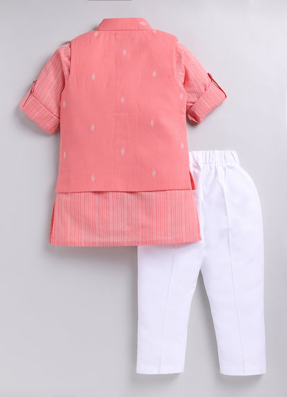Boys Woven Nehru Jacket, Striped Kurta, Pajama Ethnic Set- PEACH