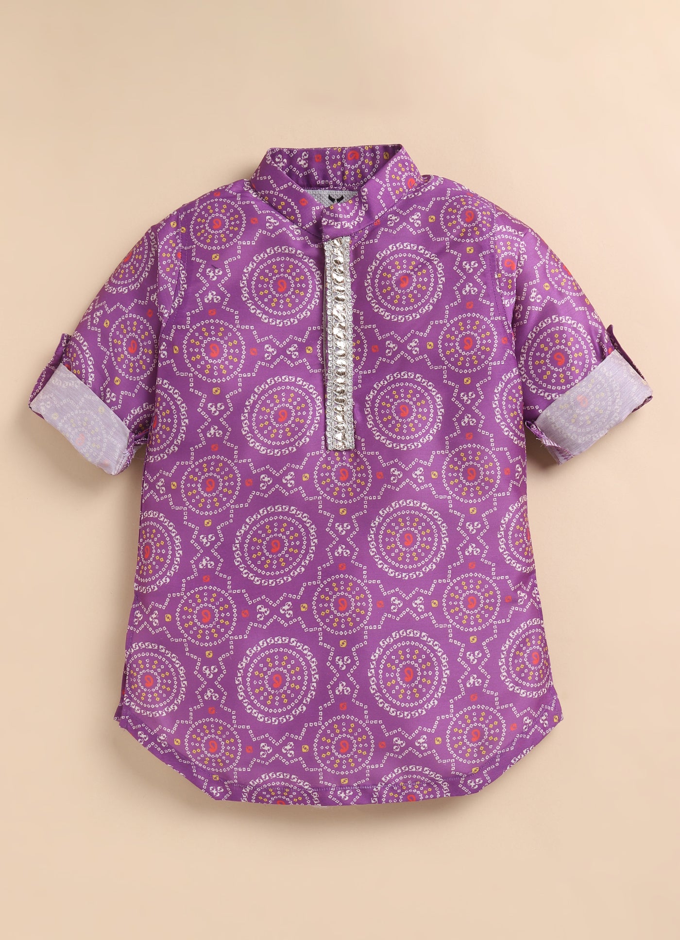 Blended Woven Bandhani Printed  Full Sleeves Kurta Pajama Ethnic Set- Purple