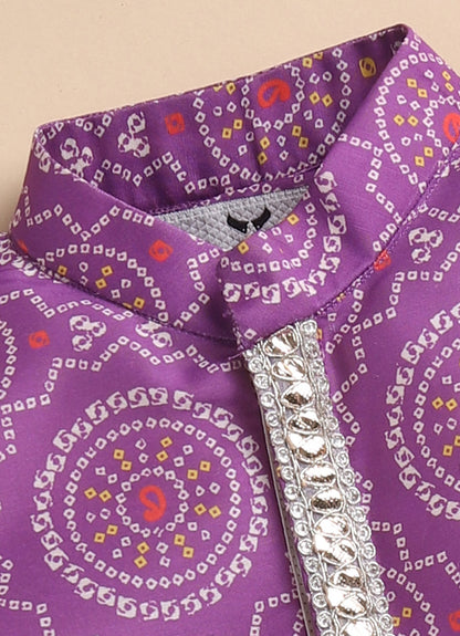 Blended Woven Bandhani Printed  Full Sleeves Kurta Pajama Ethnic Set- Purple