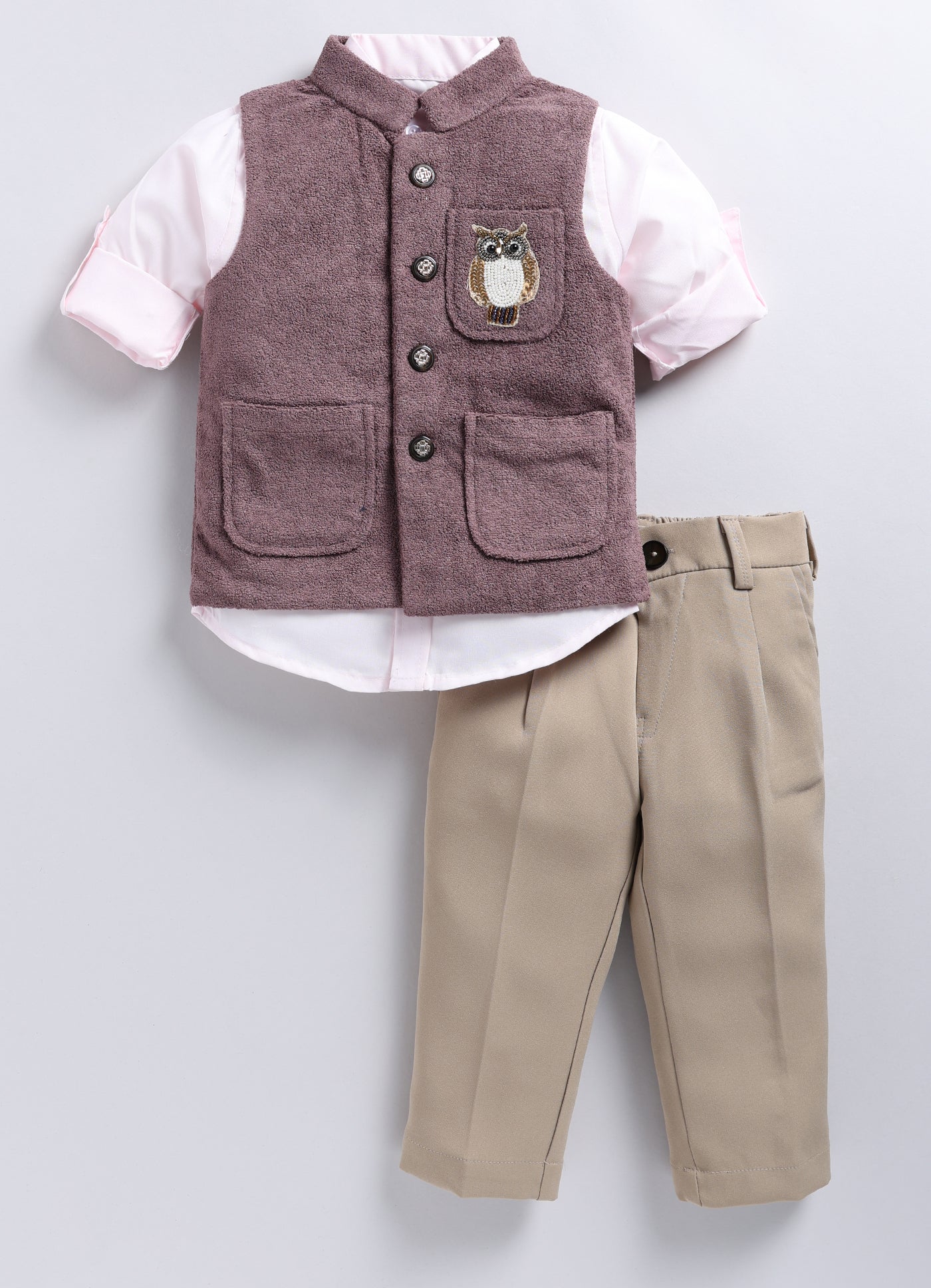 Cotton Blend Full Sleeves Solid Shirt & Pant With Sequins Embellished Owl Designed Waistcoat Set - Burgandy