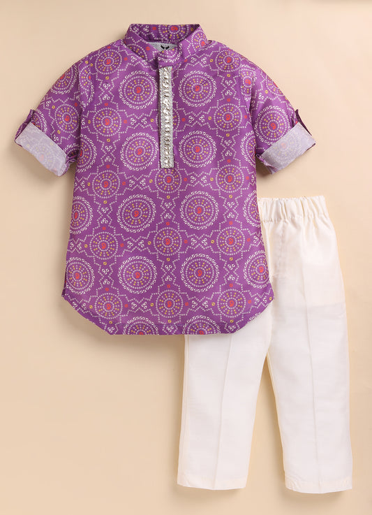 Blended Woven Bandhani Printed  Full Sleeves Kurta Pajama Ethnic Set- Purple