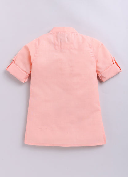 Blended Cotton Woven Full Sleeves Kurta Pajama with Pichwai Printed  Nehru Jacket Ethnic Set- D.Peach