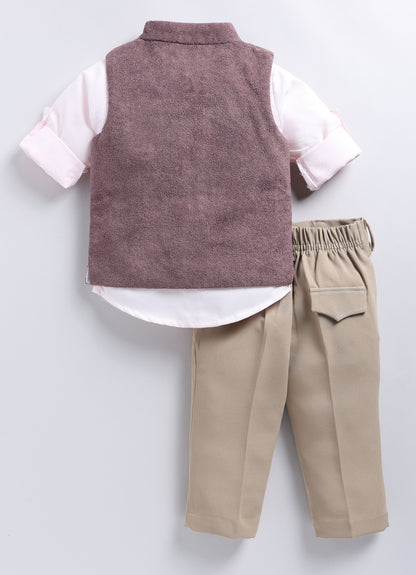 Cotton Blend Full Sleeves Solid Shirt & Pant With Sequins Embellished Owl Designed Waistcoat Set - Burgandy