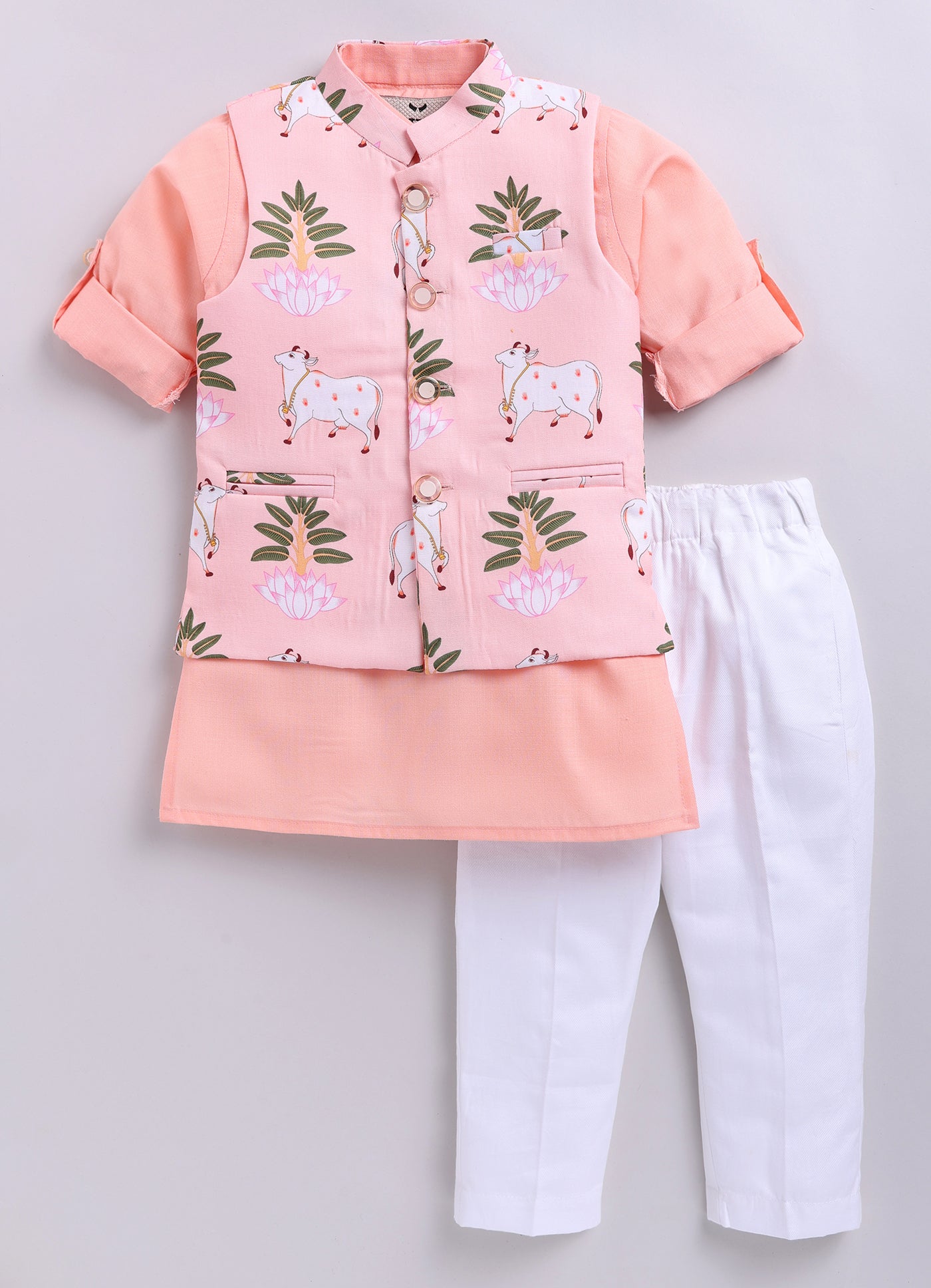 Blended Cotton Woven Full Sleeves Kurta Pajama with Pichwai Printed  Nehru Jacket Ethnic Set- D.Peach