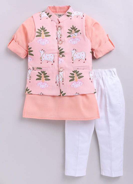 Blended Cotton Woven Full Sleeves Kurta Pajama with Pichwai Printed  Nehru Jacket Ethnic Set- D.Peach