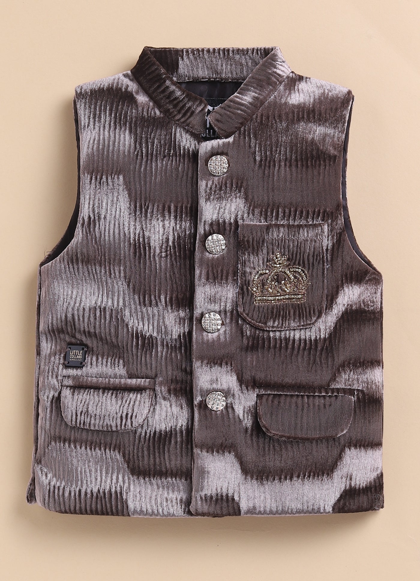 Blended Self Design Jaquard Full Sleeves Nehru Jacket Pant, Shirt with Embellished Pocket Partywear Set-  Coffee