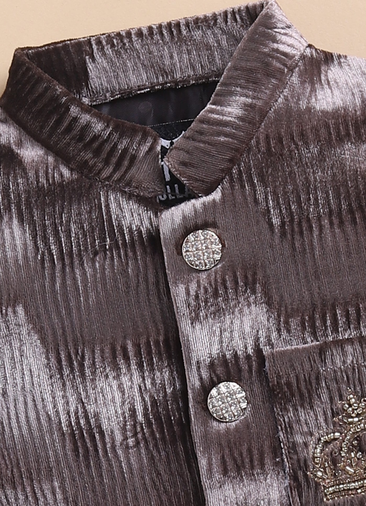 Blended Self Design Jaquard Full Sleeves Nehru Jacket Pant, Shirt with Embellished Pocket Partywear Set-  Coffee