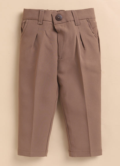 Blended Self Design Jaquard Full Sleeves Nehru Jacket Pant, Shirt with Embellished Pocket Partywear Set-  Coffee