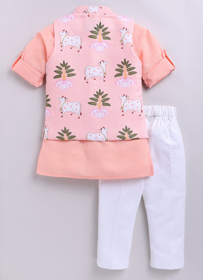 Blended Cotton Woven Full Sleeves Kurta Pajama with Pichwai Printed  Nehru Jacket Ethnic Set- D.Peach