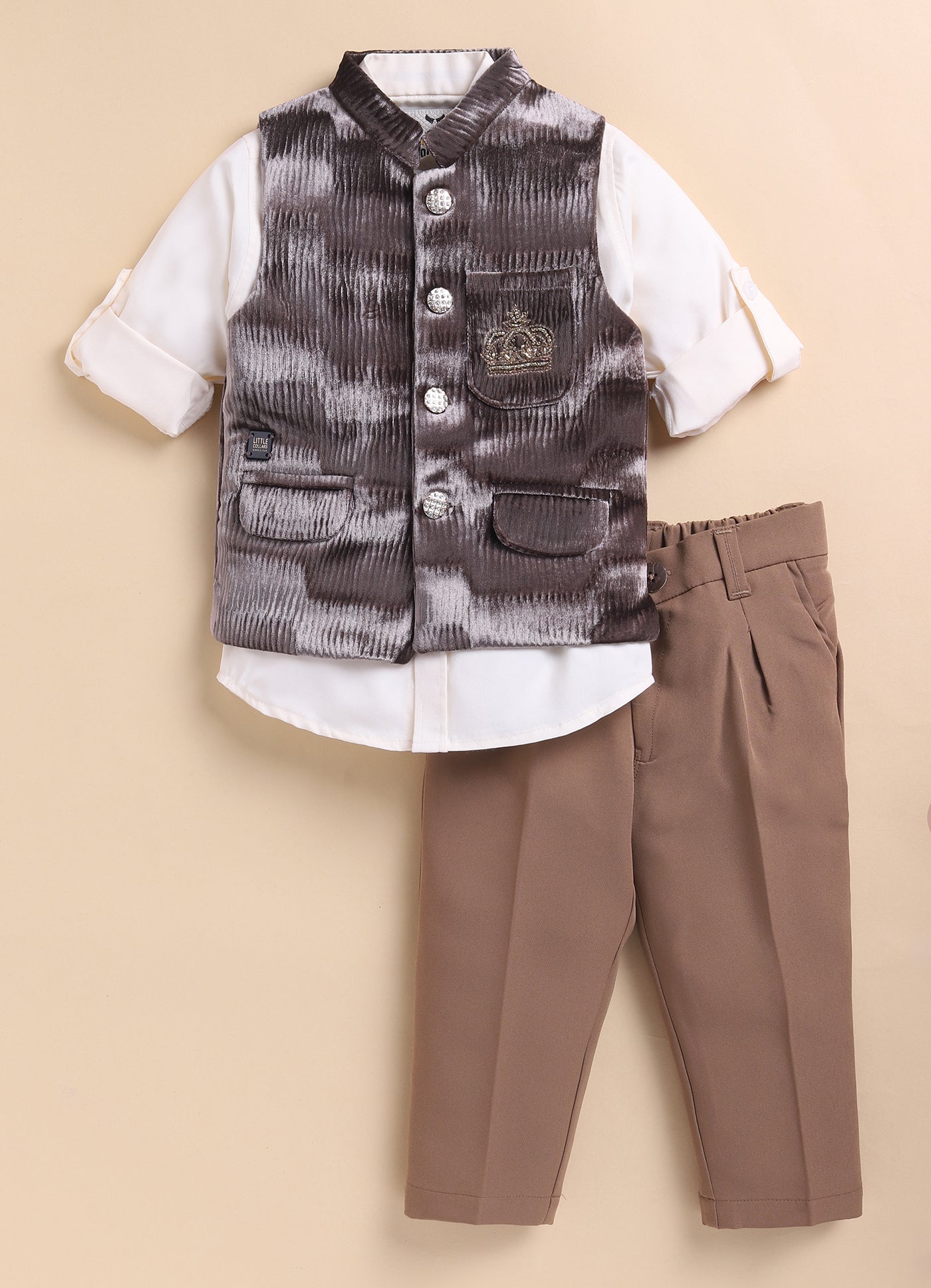 Blended Self Design Jaquard Full Sleeves Nehru Jacket Pant, Shirt with Embellished Pocket Partywear Set-  Coffee