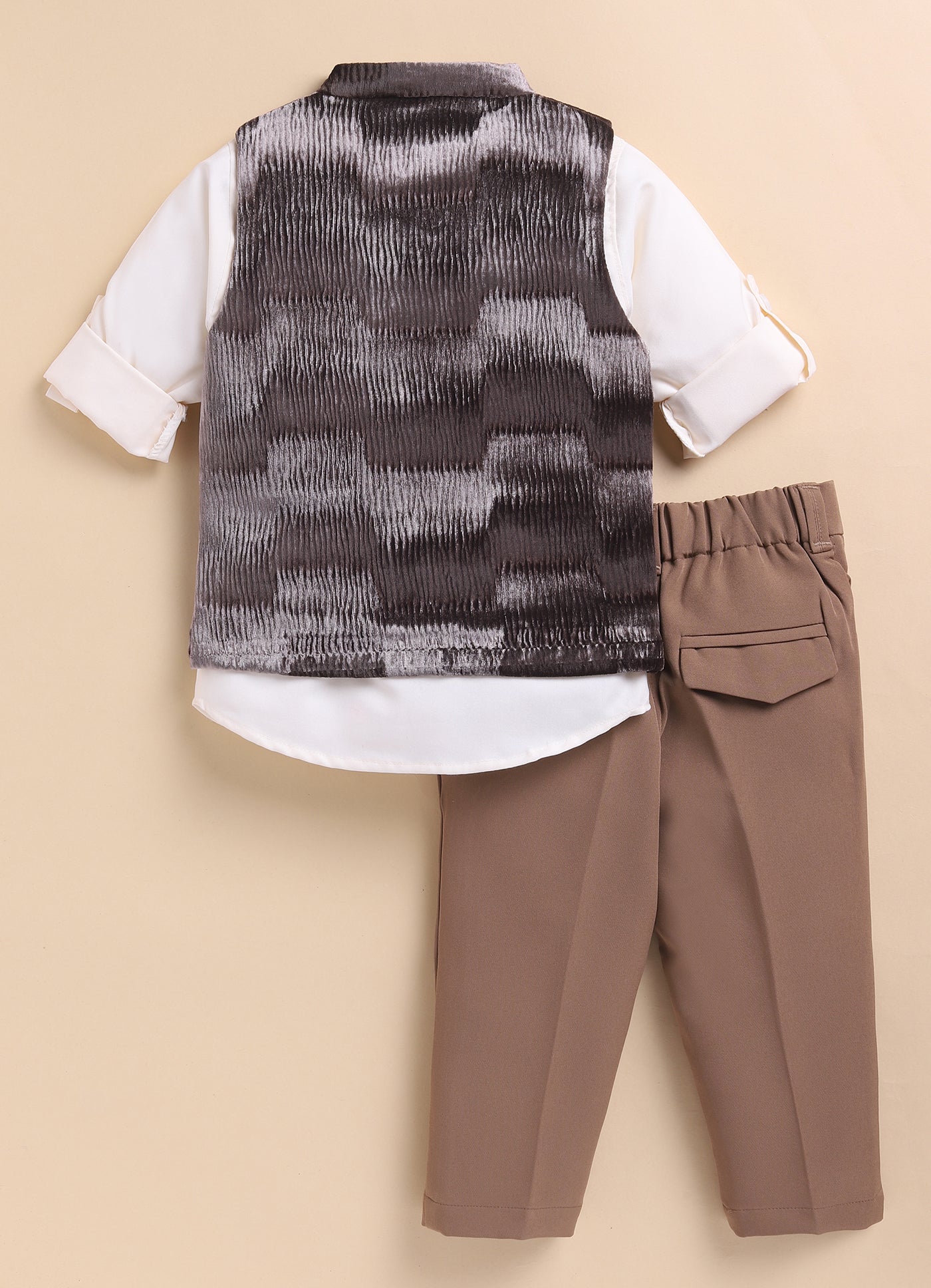 Blended Self Design Jaquard Full Sleeves Nehru Jacket Pant, Shirt with Embellished Pocket Partywear Set-  Coffee