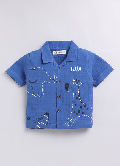 Boys Pure Muslin Cotton Animal World Printed Casual Shirt & Shorts Set - Blue