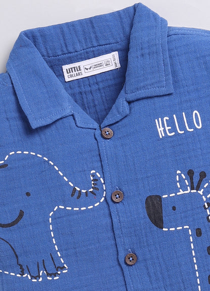 Boys Pure Muslin Cotton Animal World Printed Casual Shirt & Shorts Set - Blue