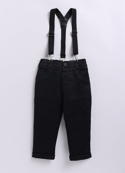 Little Collars Woven Full Sleeves Textured Printed Shirt with Trousers Suspender and Bow Shirt Pant Set- Brown (Copy)