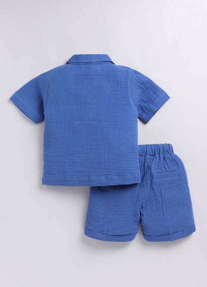 Boys Pure Muslin Cotton Animal World Printed Casual Shirt & Shorts Set - Blue