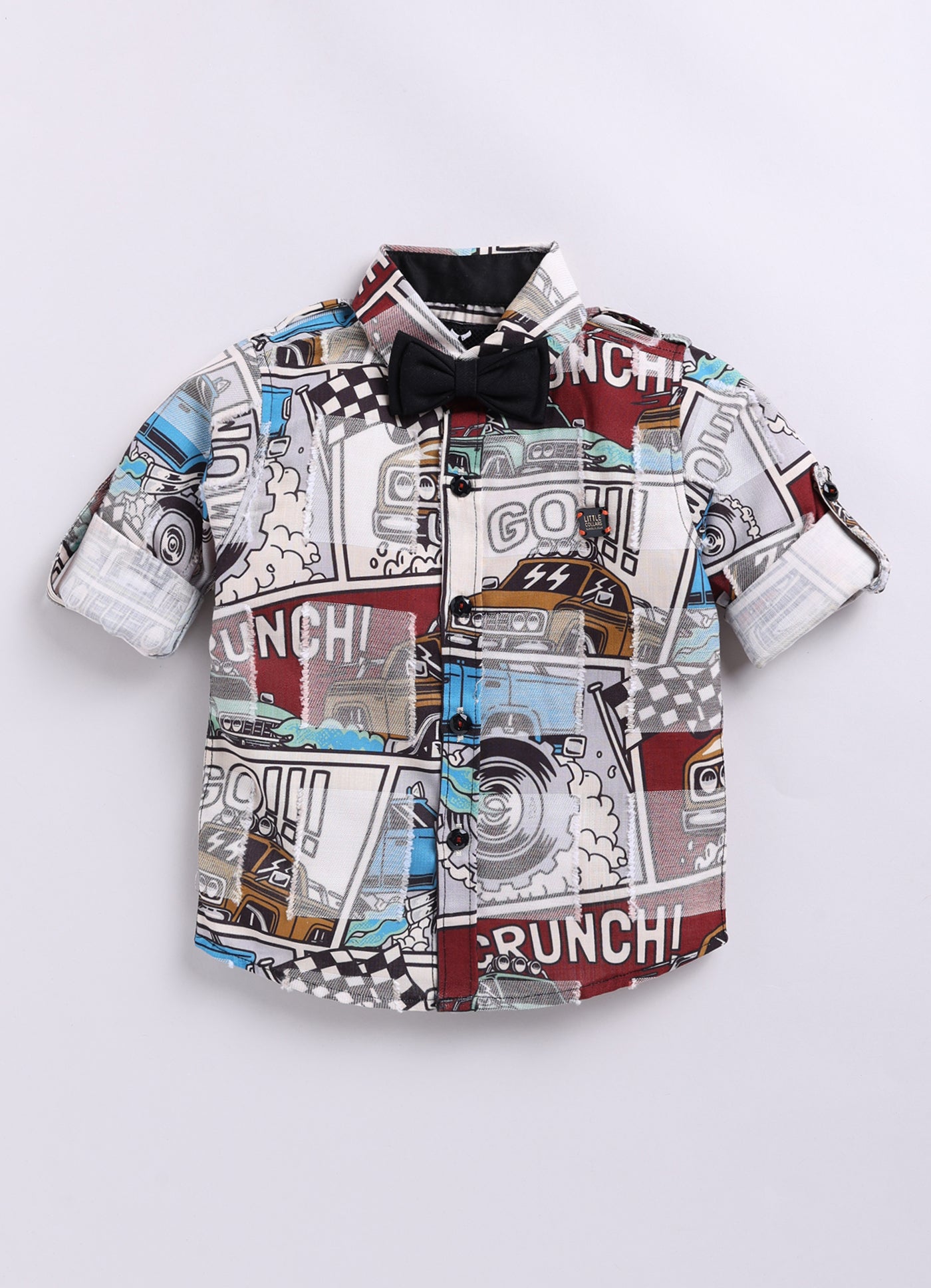 Little Collars Woven Full Sleeves Textured Printed Shirt with Trousers Suspender and Bow Shirt Pant Set- Brown (Copy)