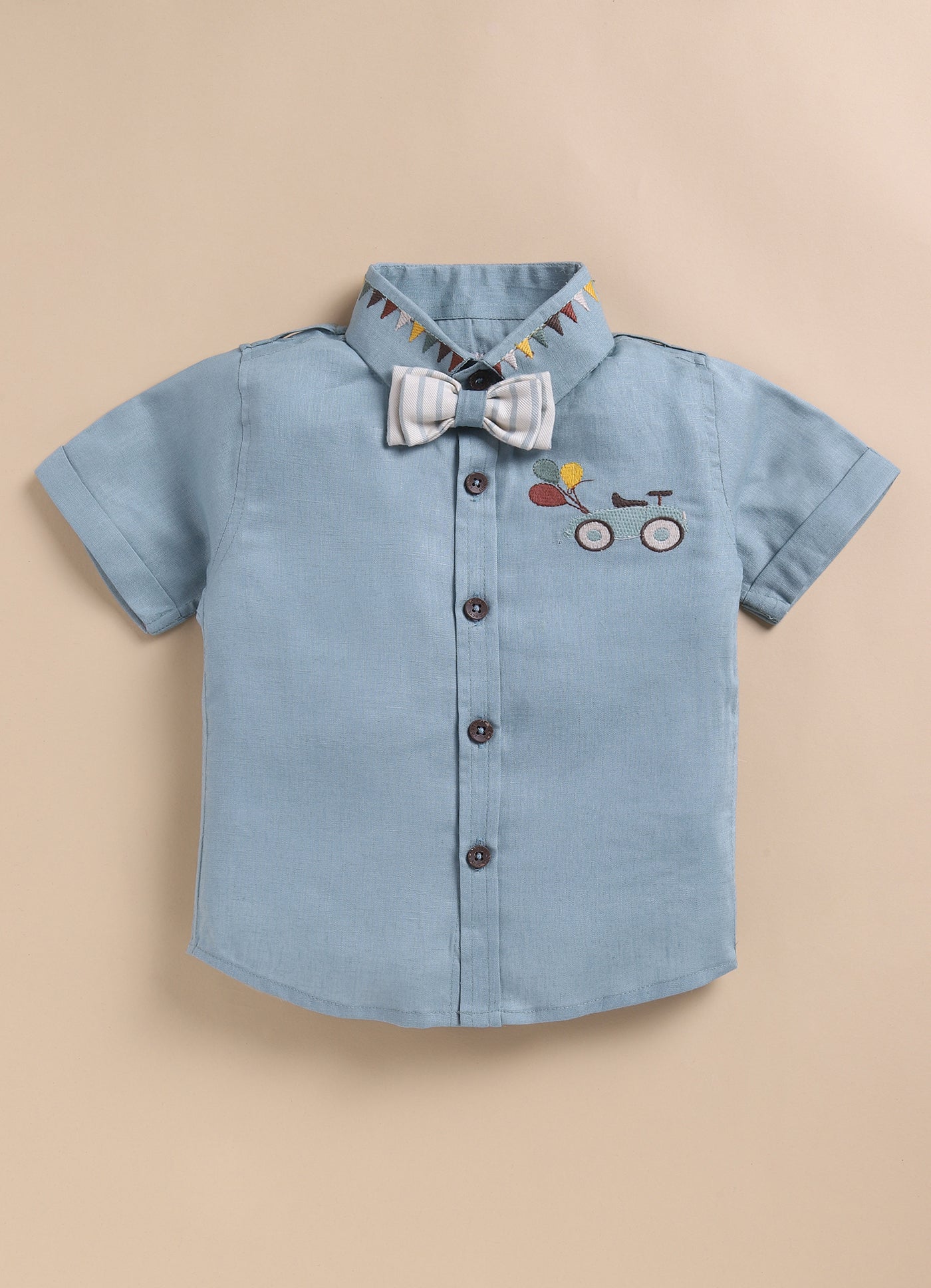 Boys Carnival theme Embriodered Cotton Shirt, Shorts & Bow Suspender Set- Green