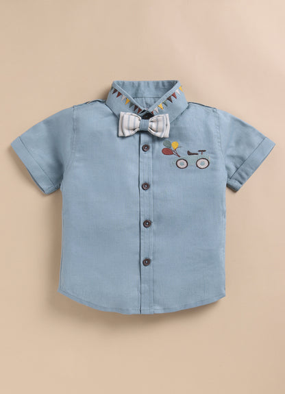 Boys Carnival theme Embriodered Cotton Shirt, Shorts & Bow Suspender Set- Green