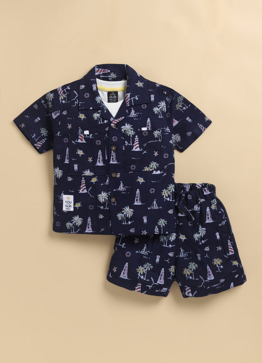 Boys Beach Printed Shirt & Shorts Set - Navy