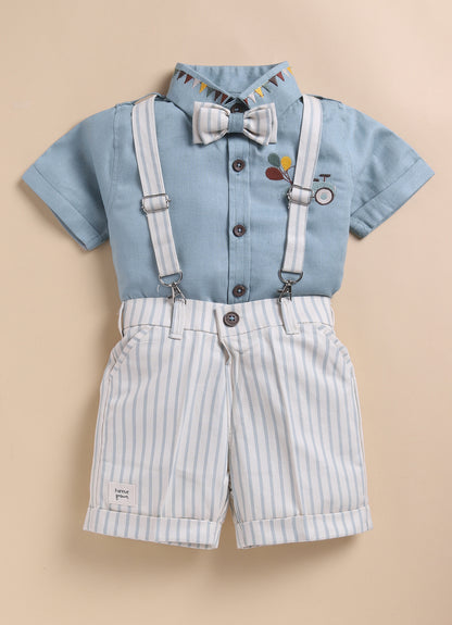 Boys Carnival theme Embriodered Cotton Shirt, Shorts & Bow Suspender Set- Green