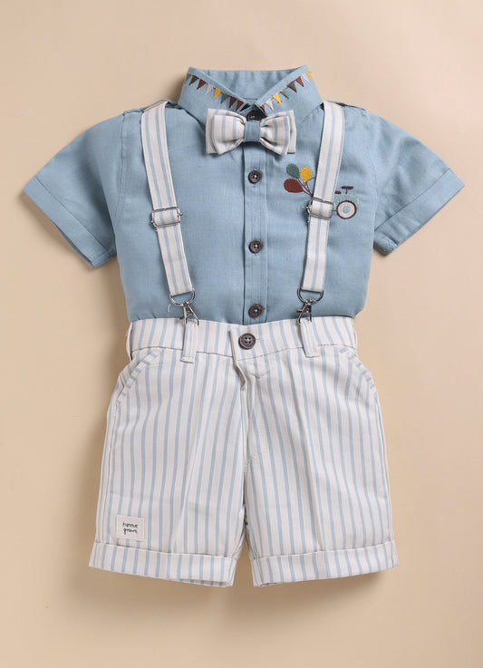 Boys Carnival theme Embriodered Cotton Shirt, Shorts & Bow Suspender Set- Green