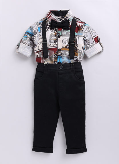 Little Collars Woven Full Sleeves Textured Printed Shirt with Trousers Suspender and Bow Shirt Pant Set- Brown (Copy)
