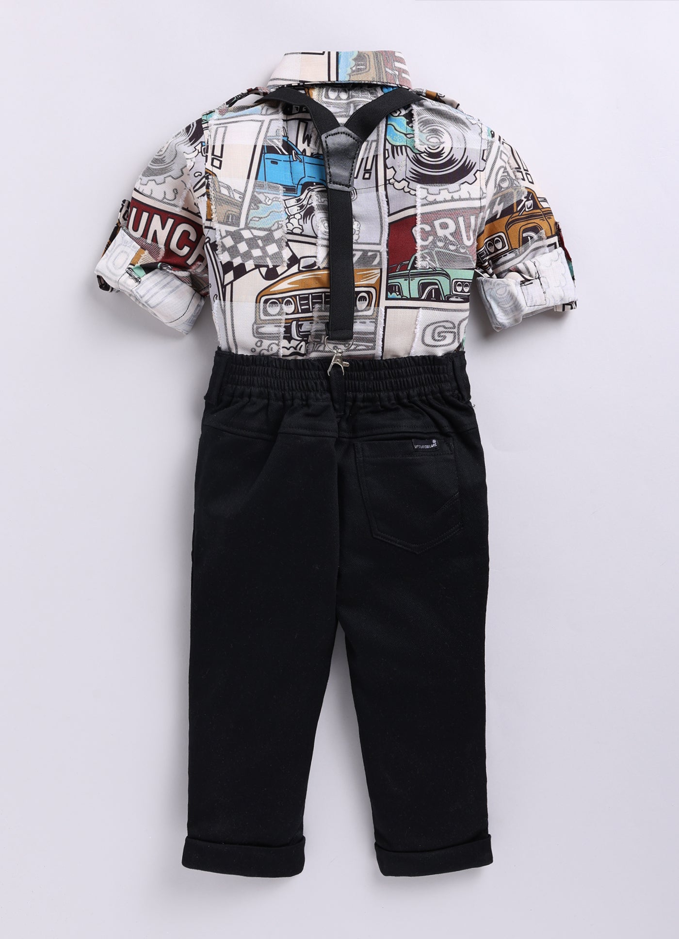 Little Collars Woven Full Sleeves Textured Printed Shirt with Trousers Suspender and Bow Shirt Pant Set- Brown (Copy)