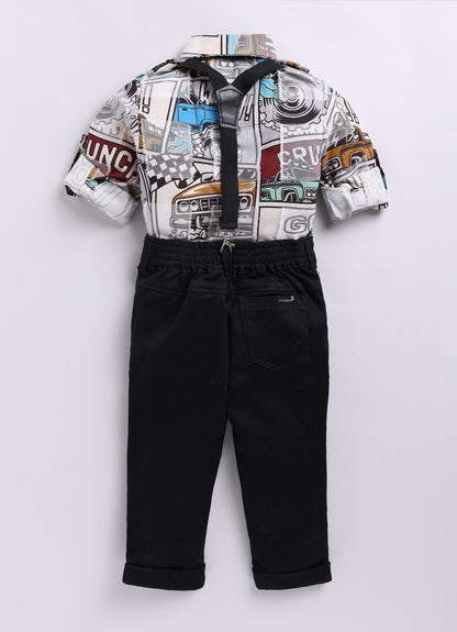 Little Collars Woven Full Sleeves Textured Printed Shirt with Trousers Suspender and Bow Shirt Pant Set- Brown (Copy)