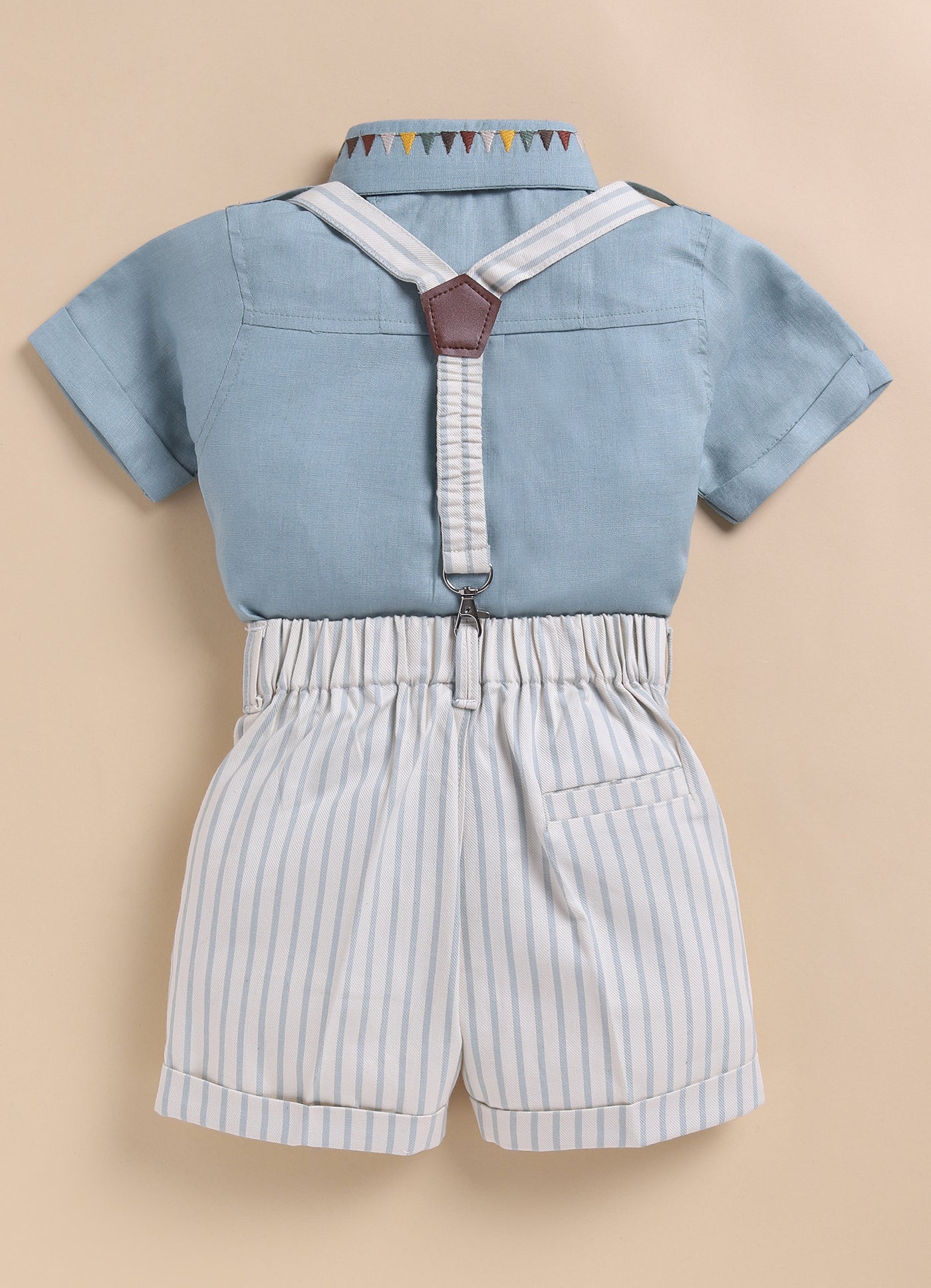 Boys Carnival theme Embriodered Cotton Shirt, Shorts & Bow Suspender Set- Green