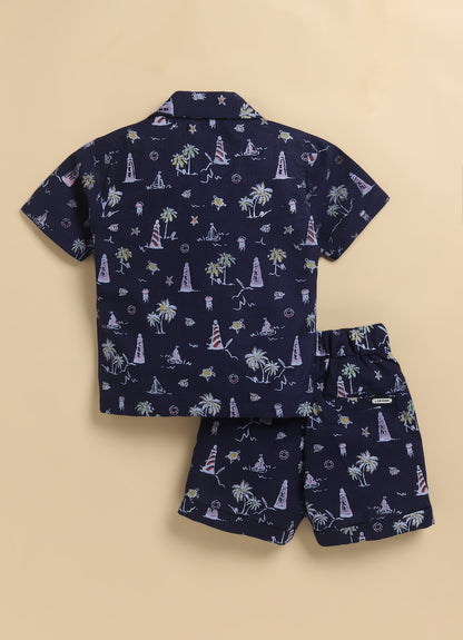 Boys Beach Printed Shirt & Shorts Set - Navy