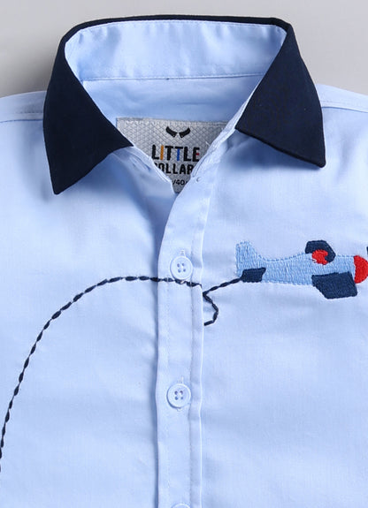 Boys Cotton Satin Checks Woven Aeroplane Embroidered Full Sleeves Shirt Pant with Bow Set- Sky