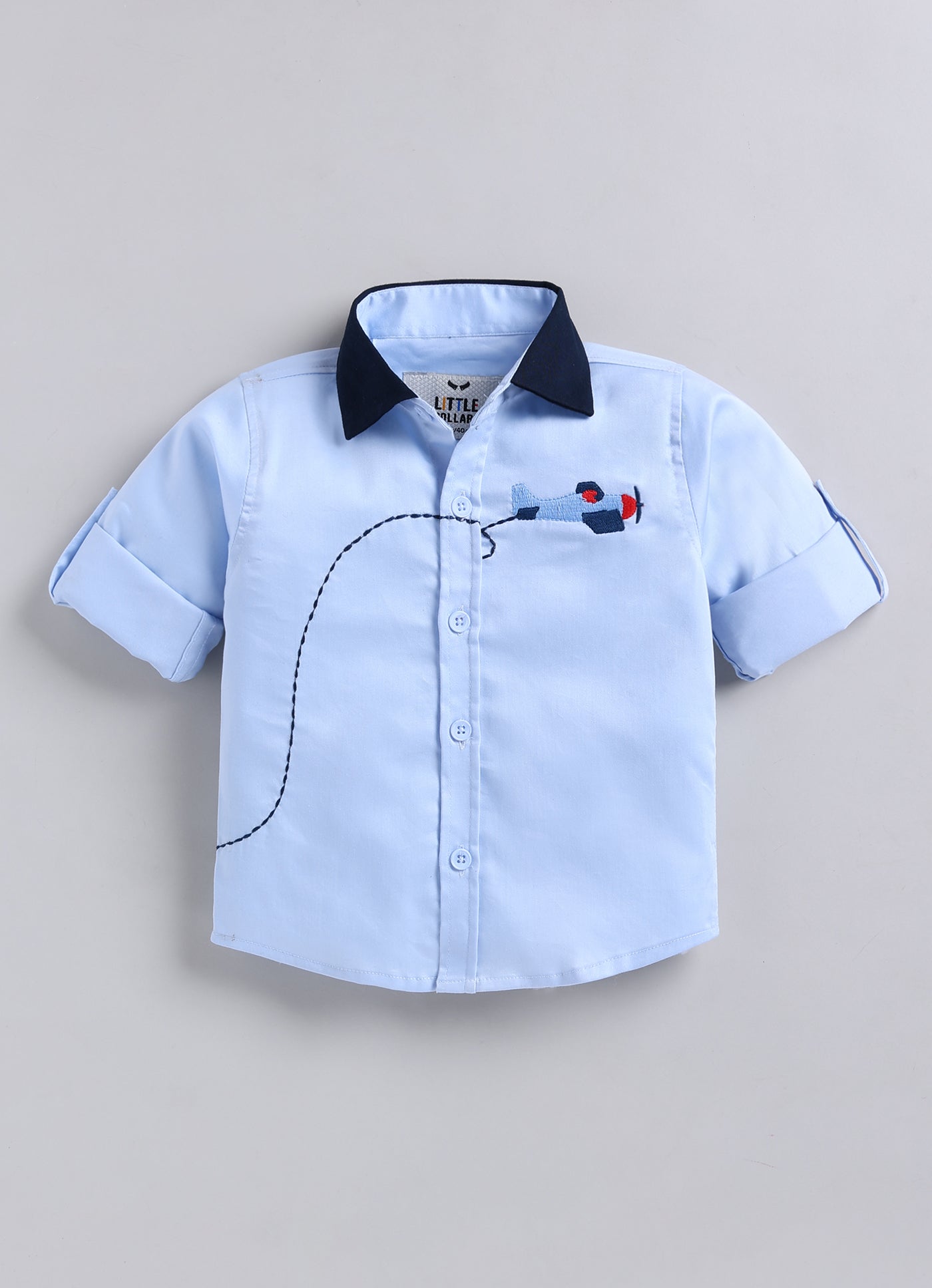 Boys Cotton Satin Checks Woven Aeroplane Embroidered Full Sleeves Shirt Pant with Bow Set- Sky