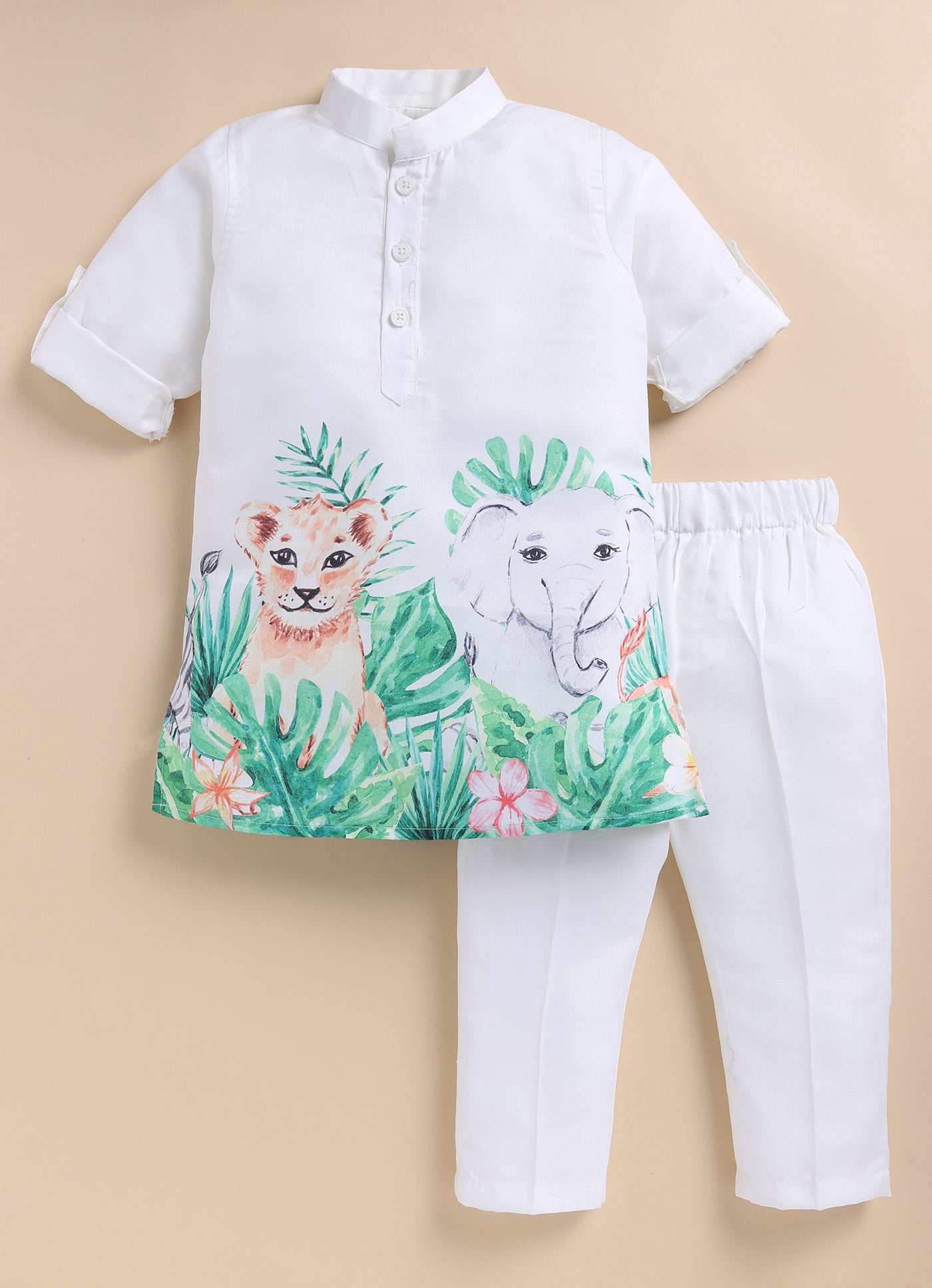 Boys Blended Cotton Animal Jungle Printed Full Sleeve Cute Kurta and Pajama Ethnic Set - Green