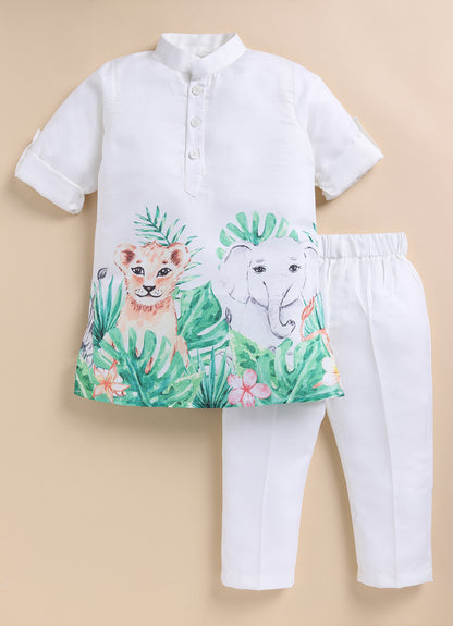 Boys Blended Cotton Animal Jungle Printed Full Sleeve Cute Kurta and Pajama Ethnic Set - Green