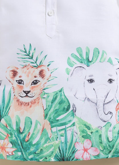 Boys Blended Cotton Animal Jungle Printed Full Sleeve Cute Kurta and Pajama Ethnic Set - Green