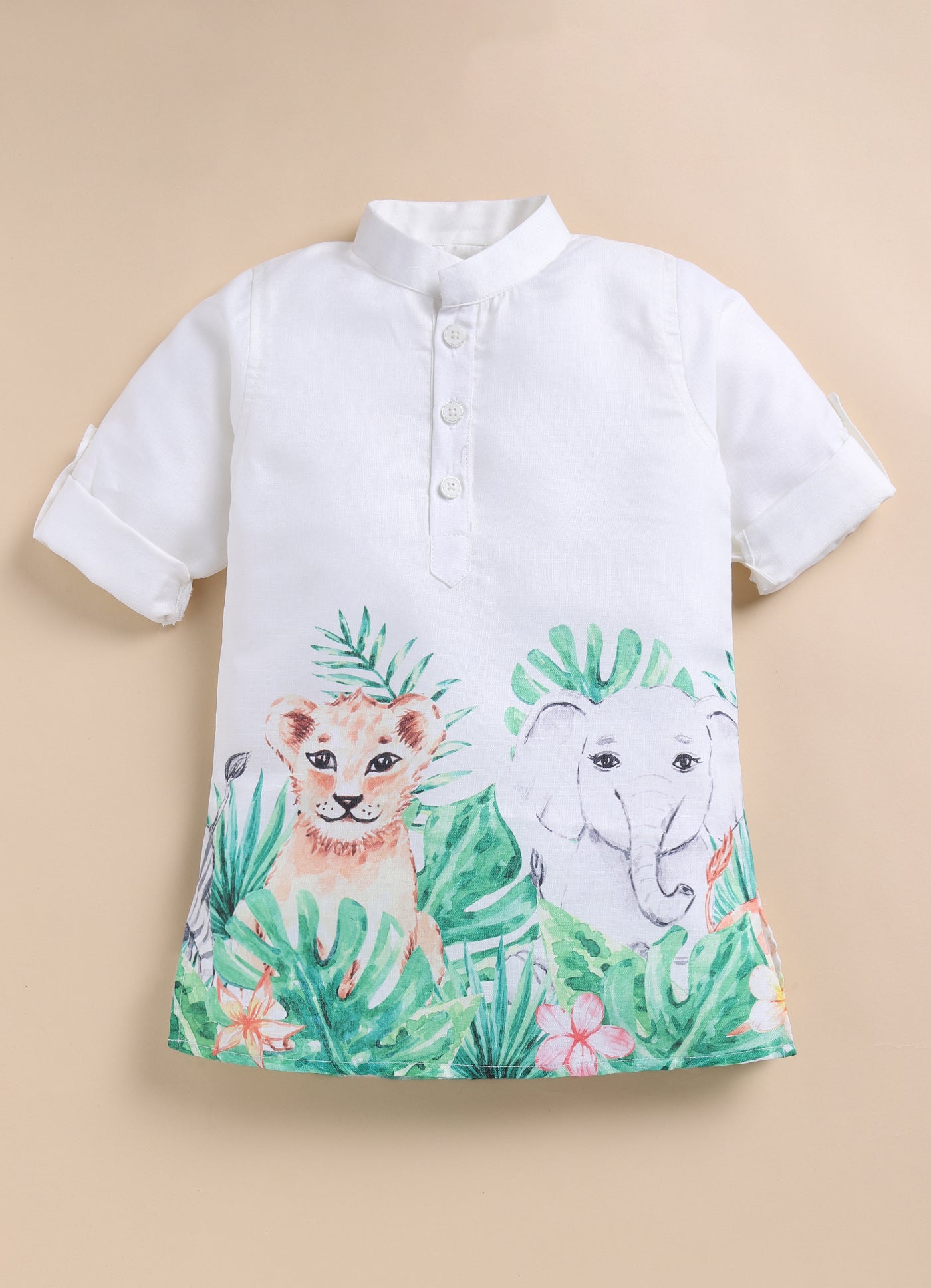 Boys Blended Cotton Animal Jungle Printed Full Sleeve Cute Kurta and Pajama Ethnic Set - Green