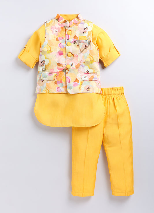 Floral Ethnic Kurta Jacket Set for Boys- Yellow