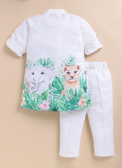Boys Blended Cotton Animal Jungle Printed Full Sleeve Cute Kurta and Pajama Ethnic Set - Green