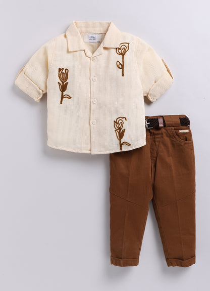 Blended Woven Full Sleeves Floral Motif Embroidered Shirt & Pant Casual Set- Cream