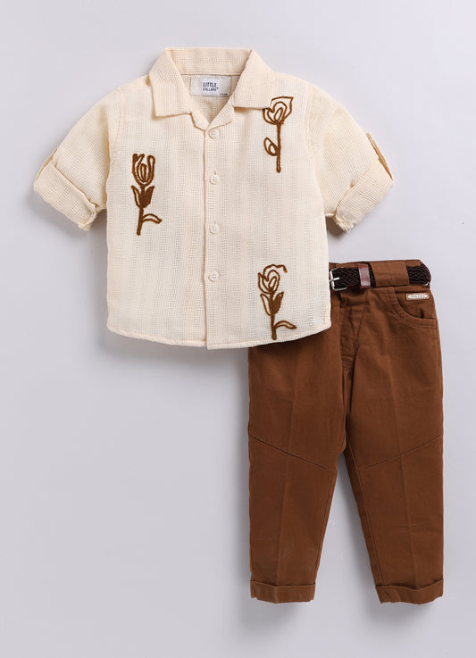 Blended Woven Full Sleeves Floral Motif Embroidered Shirt & Pant Casual Set- Cream