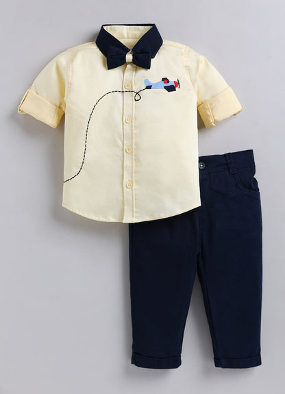 Boys Cotton Satin Checks Woven Aeroplane Embroidered Full Sleeves Shirt Pant with Bow Set- Yellow