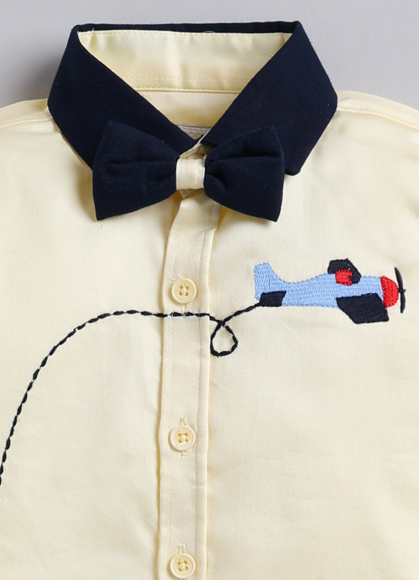Boys Cotton Satin Checks Woven Aeroplane Embroidered Full Sleeves Shirt Pant with Bow Set- Yellow
