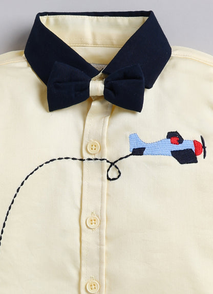 Boys Cotton Satin Checks Woven Aeroplane Embroidered Full Sleeves Shirt Pant with Bow Set- Yellow