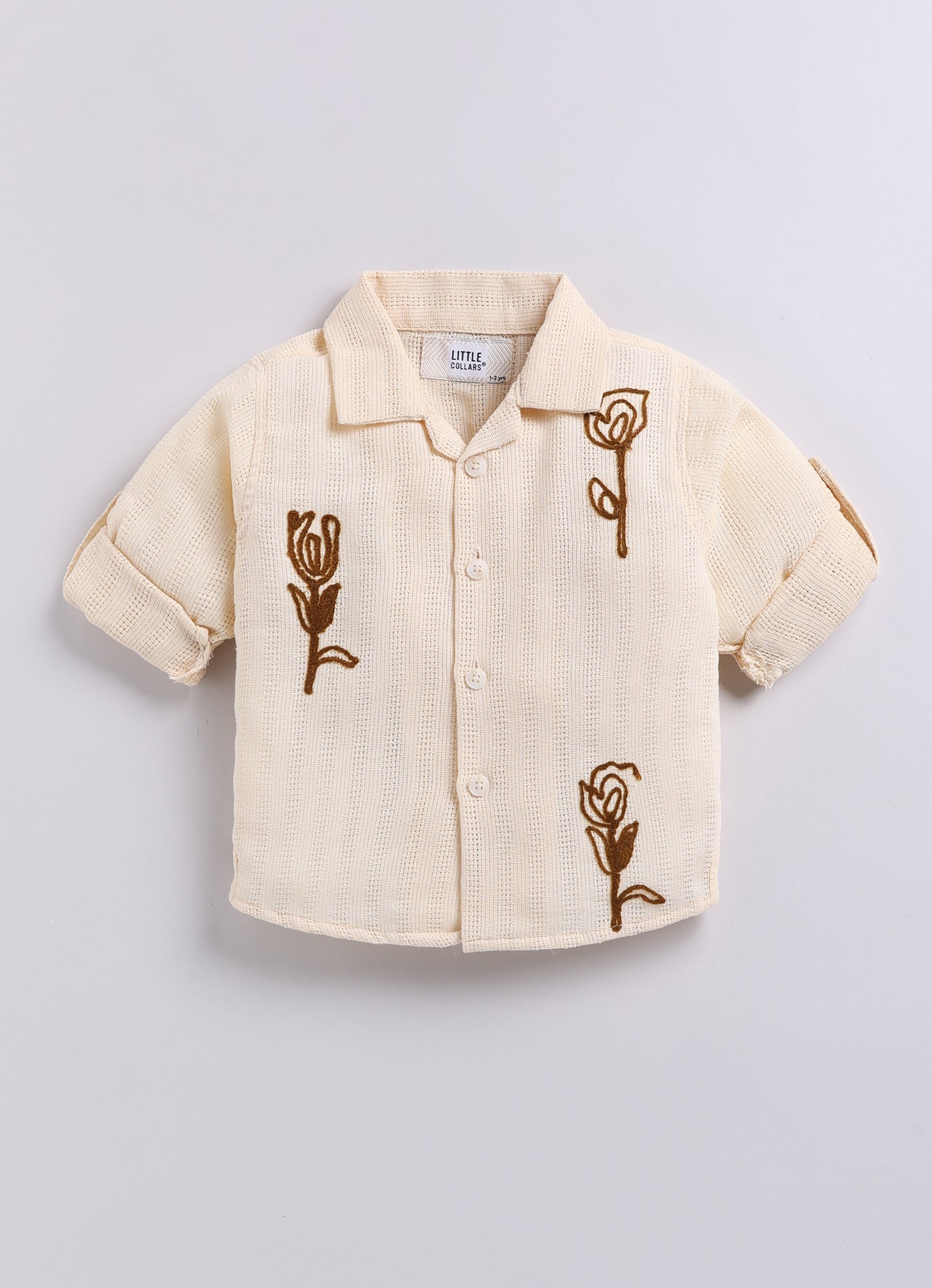 Blended Woven Full Sleeves Floral Motif Embroidered Shirt & Pant Casual Set- Cream