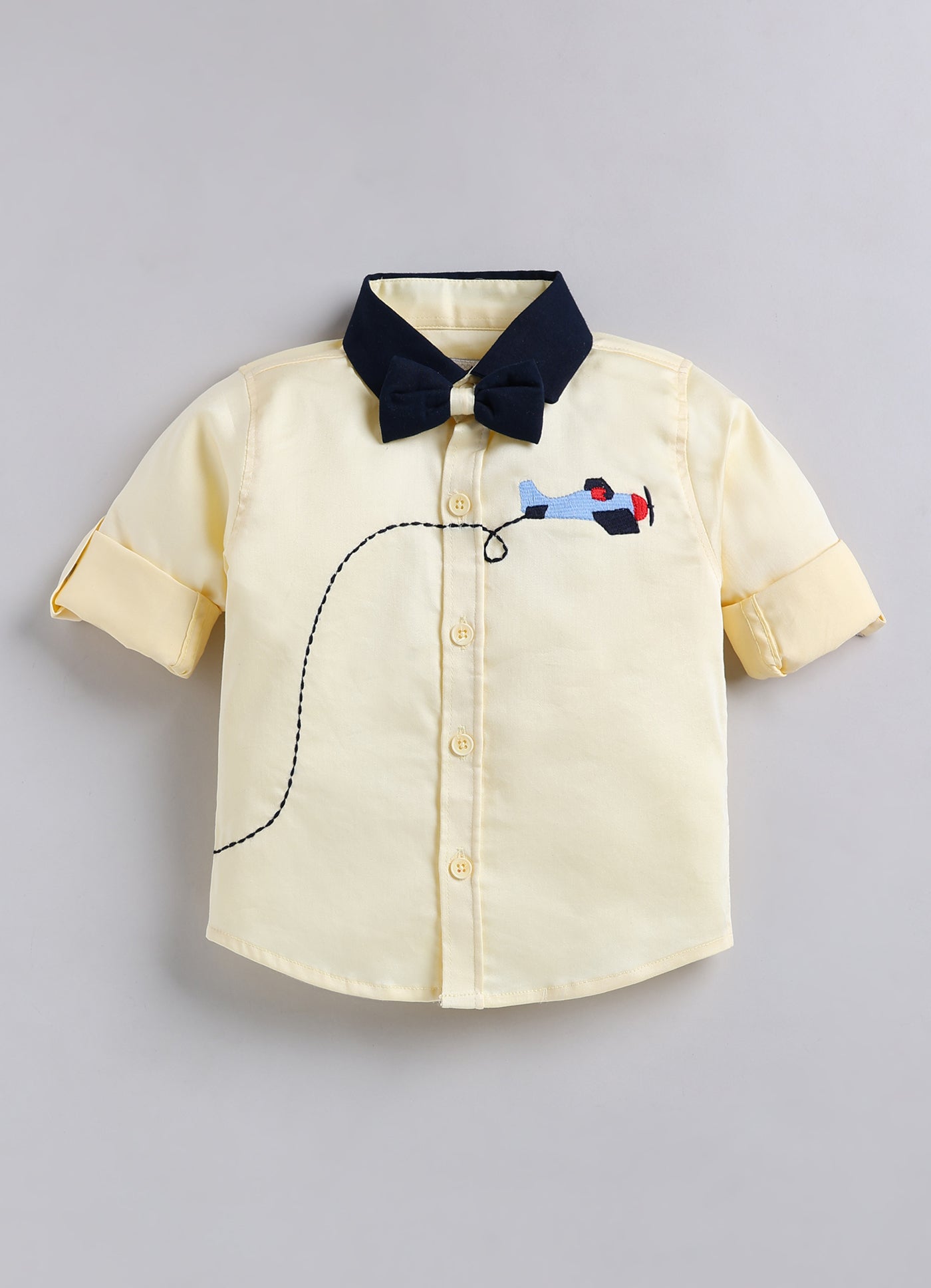 Boys Cotton Satin Checks Woven Aeroplane Embroidered Full Sleeves Shirt Pant with Bow Set- Yellow