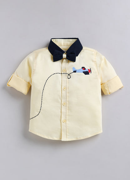 Boys Cotton Satin Checks Woven Aeroplane Embroidered Full Sleeves Shirt Pant with Bow Set- Yellow