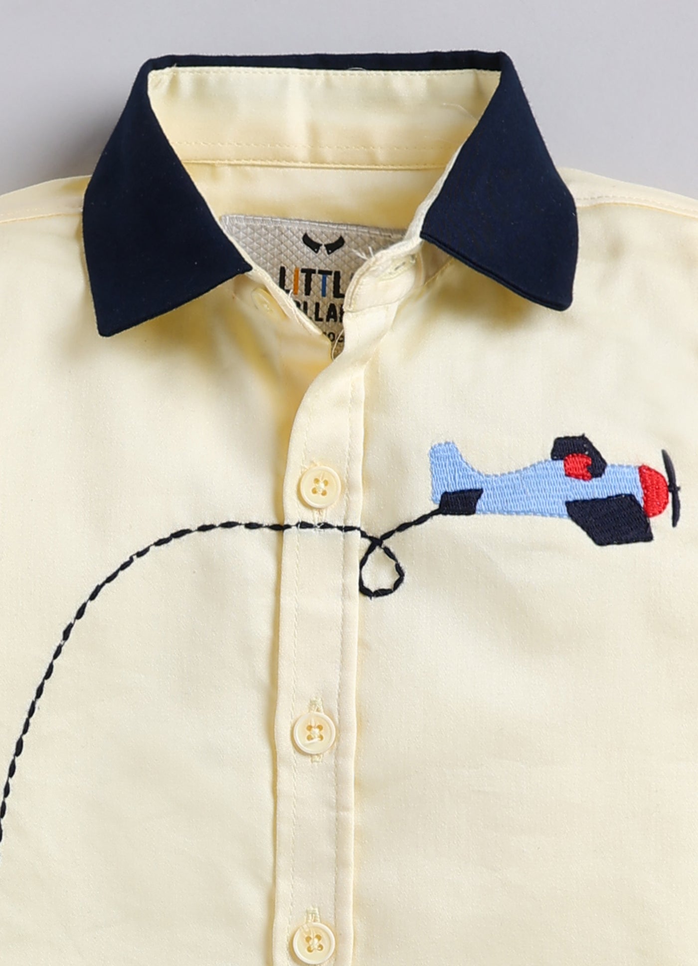 Boys Cotton Satin Checks Woven Aeroplane Embroidered Full Sleeves Shirt Pant with Bow Set- Yellow