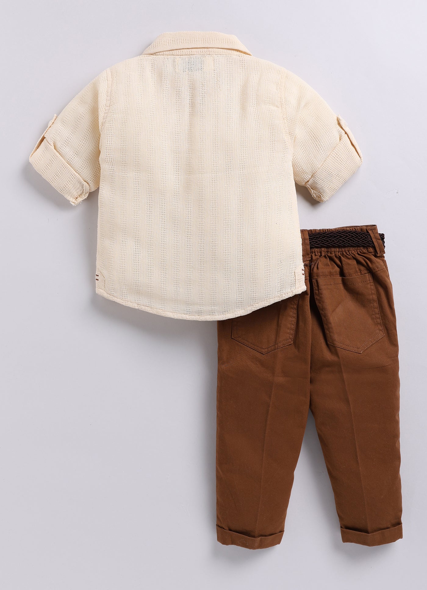 Blended Woven Full Sleeves Floral Motif Embroidered Shirt & Pant Casual Set- Cream